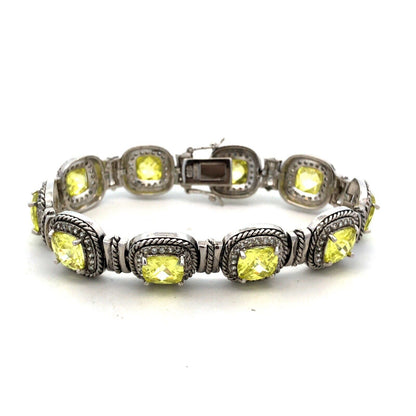 Designer 925 Sterling Silver Princess Green CZ Round White CZ Tennis Bracelet