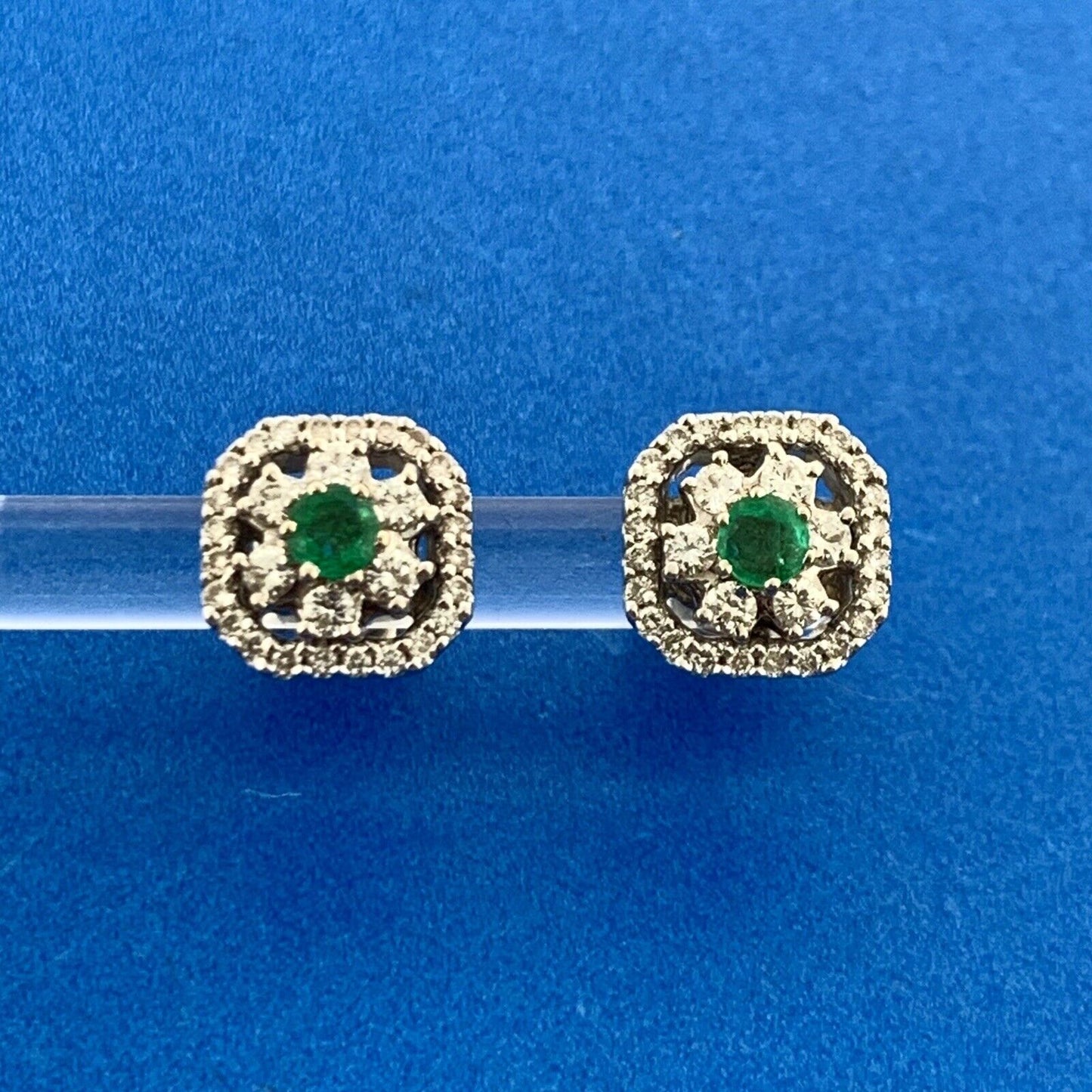 18K White Gold Diamond Emerald Floral Cluster May Occasion Stud Earrings