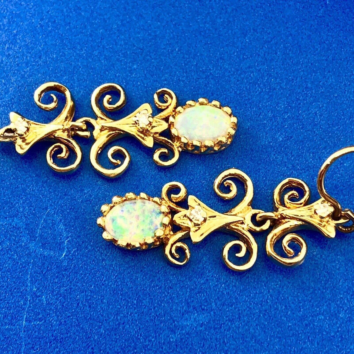Art Deco Art Nouveau 14K Yellow Gold Opal Diamond Scroll Drop Dangle Earrings