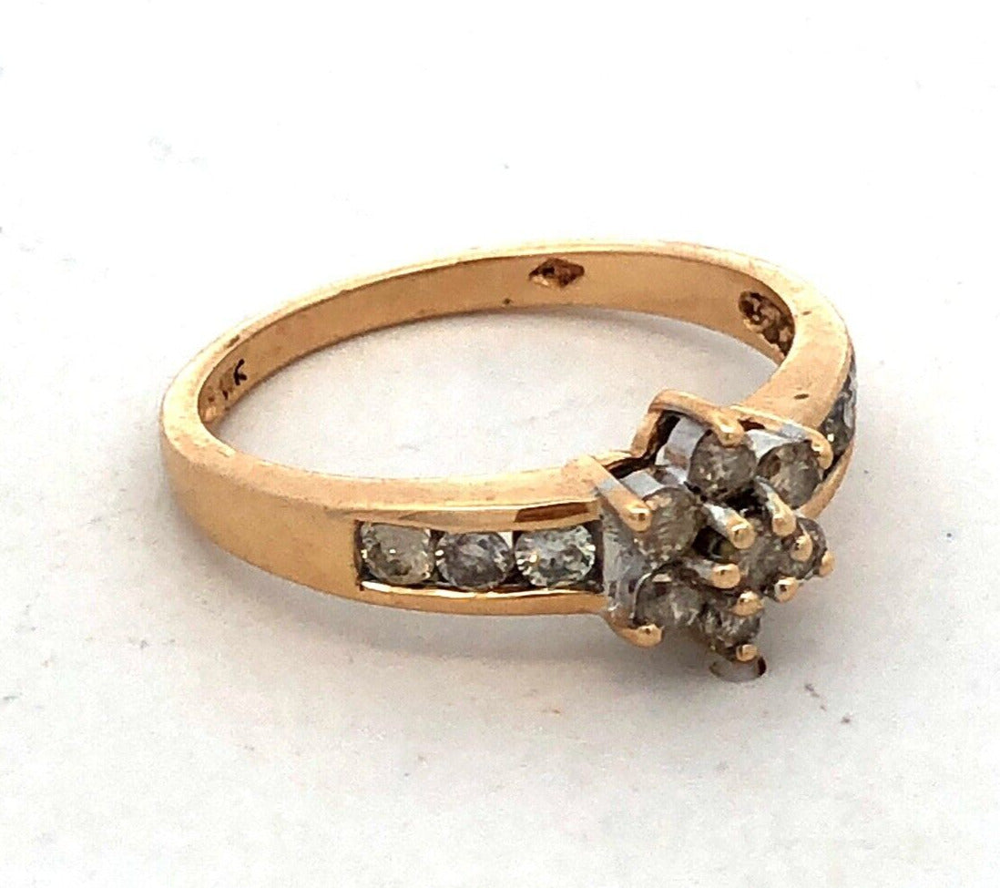 Designer 10K Yellow Gold Round Diamond Flower Anniversary Promise Ring