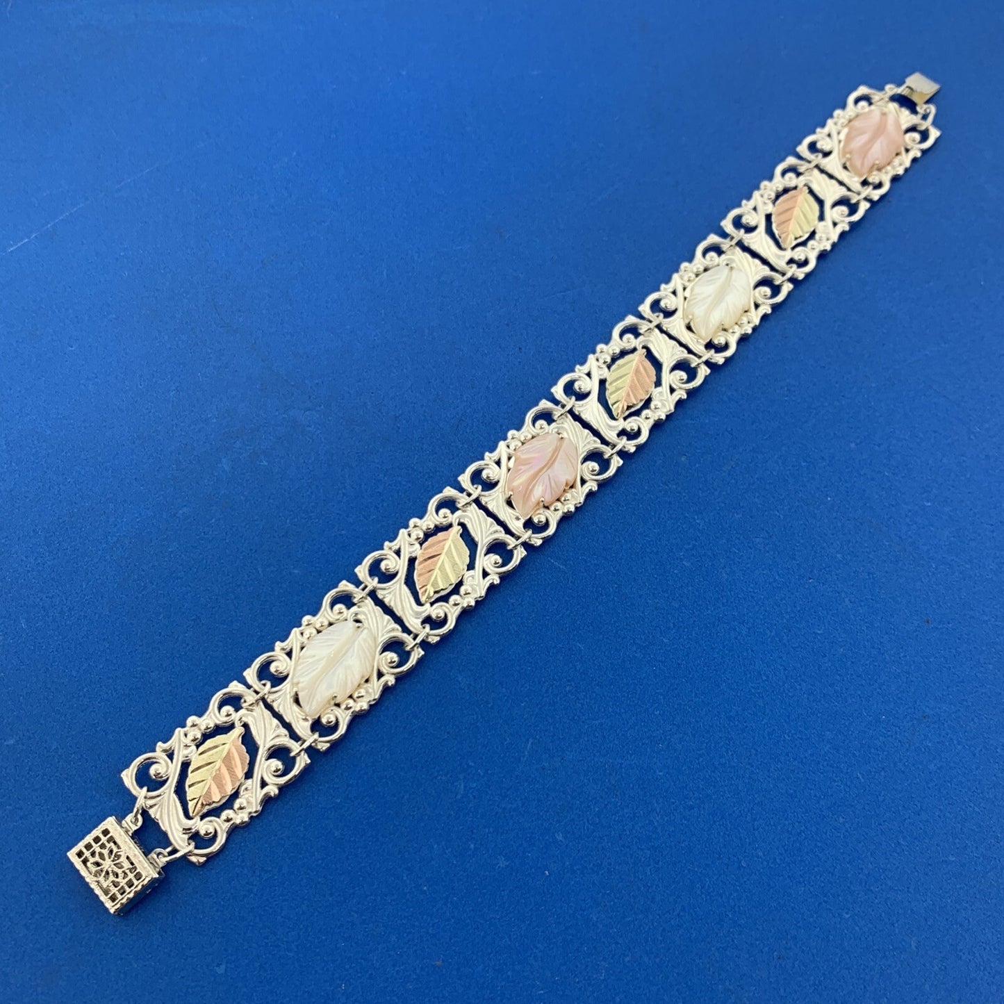 925 Sterling Silver 12K Yellow Rose Gold Mother Of Pearl Leaf Panel Bracelet