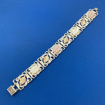 925 Sterling Silver 12K Yellow Rose Gold Mother Of Pearl Leaf Panel Bracelet