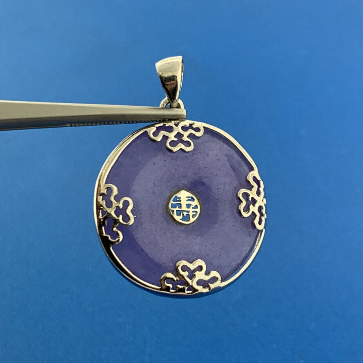 Chinese Export 925 Sterling Silver Lavender Long Life Statement Disc Pendant