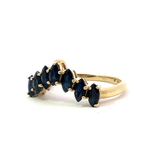 Designer 10K Yellow Gold Marquise Blue Sapphire V Shaped Anniversary Band Ring