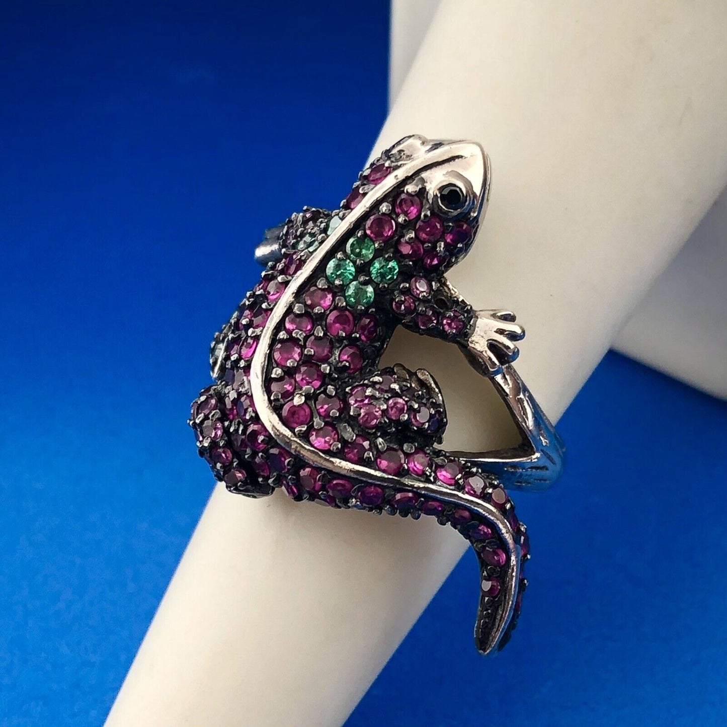 Unusual 925 Sterling Silver Ruby Emerald Gila Monster Lizard Statement Ring