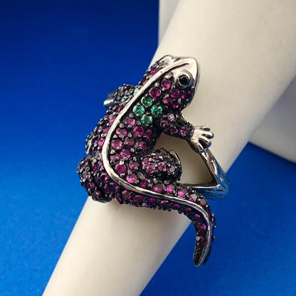 Unusual 925 Sterling Silver Ruby Emerald Gila Monster Lizard Statement Ring