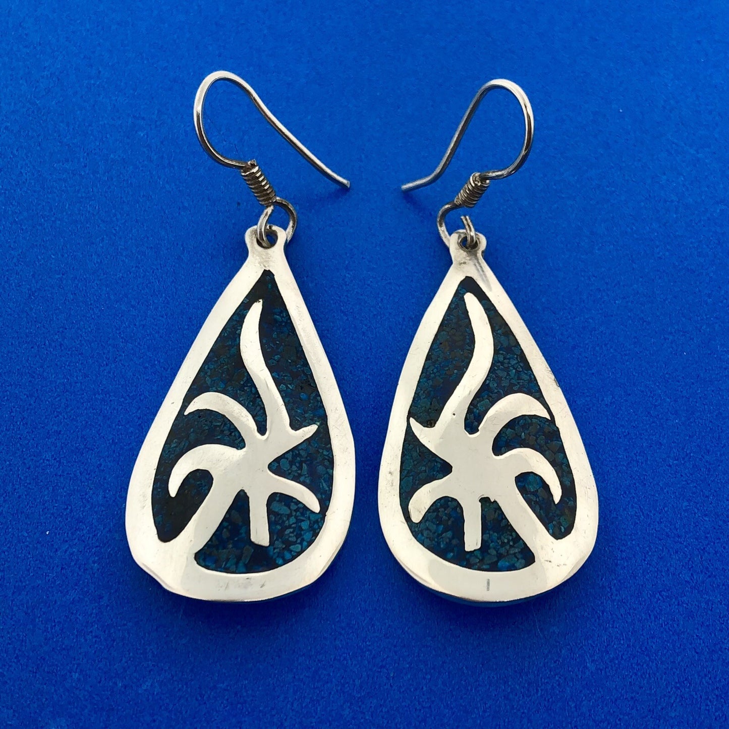 Vintage Taxco Sterling Silver Blue Aqua Enamel Pear Shaped Modernist Earrings