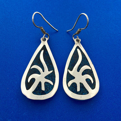 Vintage Taxco Sterling Silver Blue Aqua Enamel Pear Shaped Modernist Earrings