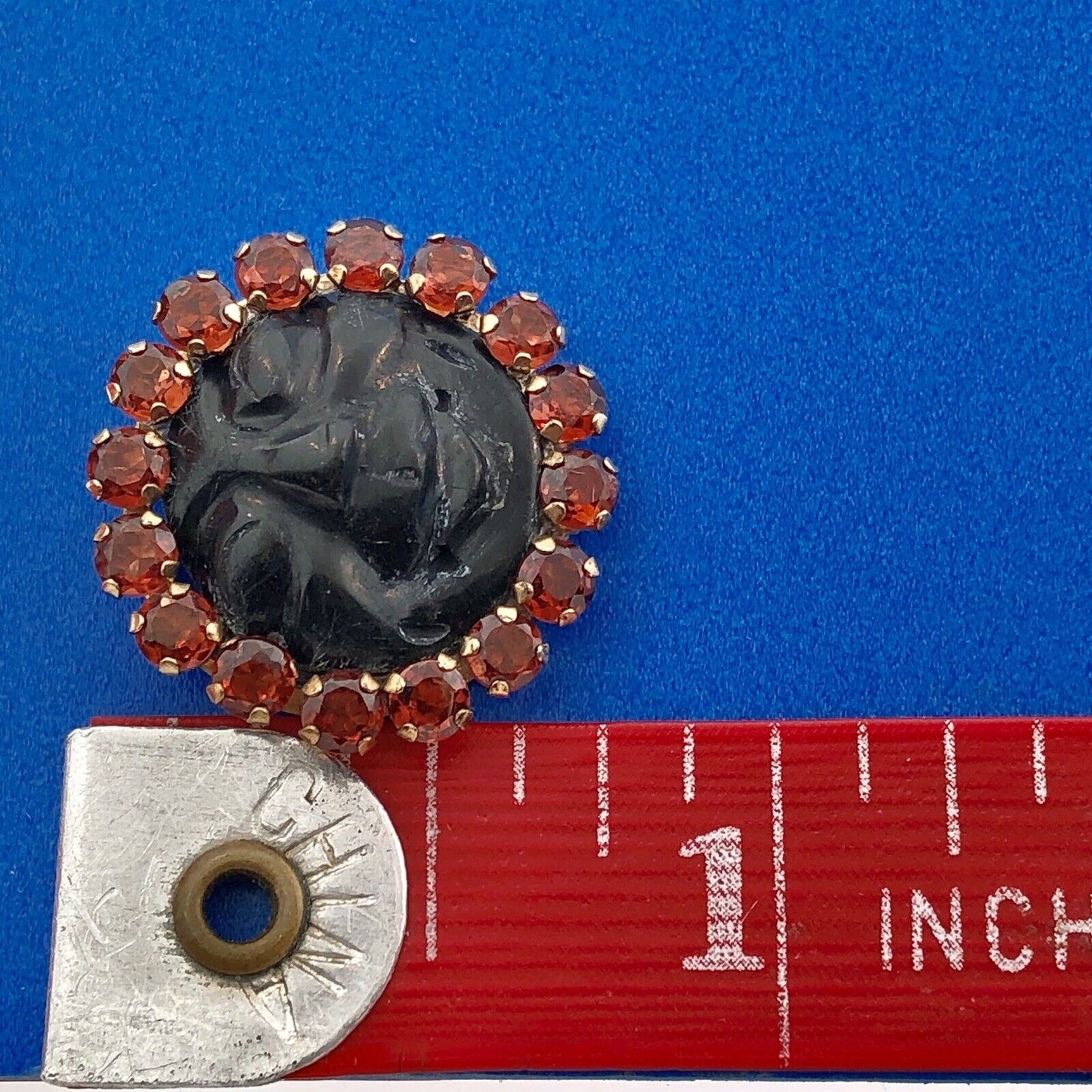 Art Deco Unusual 10K Yellow Gold Citrine Halo Carved Black Resin Cameo Pendant