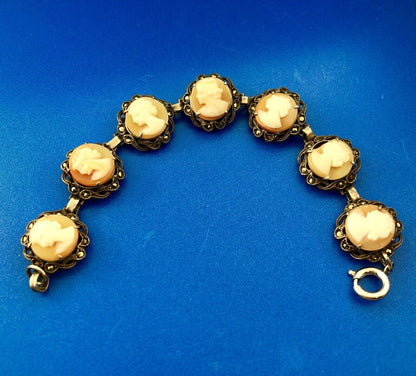 Art Deco Sterling Silver 925 Carved Cameo Marcasite Accented Panel Bracelet