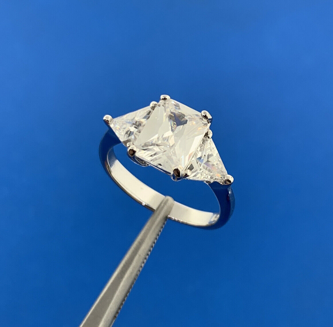 Designer 925 Sterling Silver Emerald Cut Cubic Zirconia Triangle Accented Ring