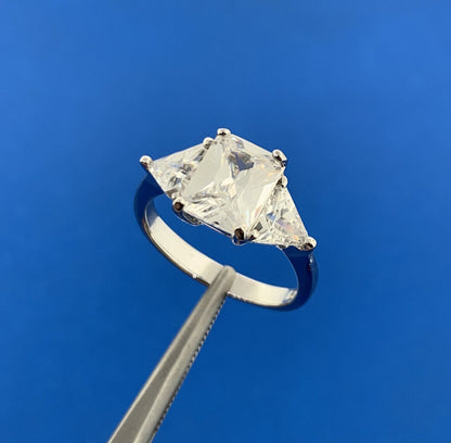 Designer 925 Sterling Silver Emerald Cut Cubic Zirconia Triangle Accented Ring