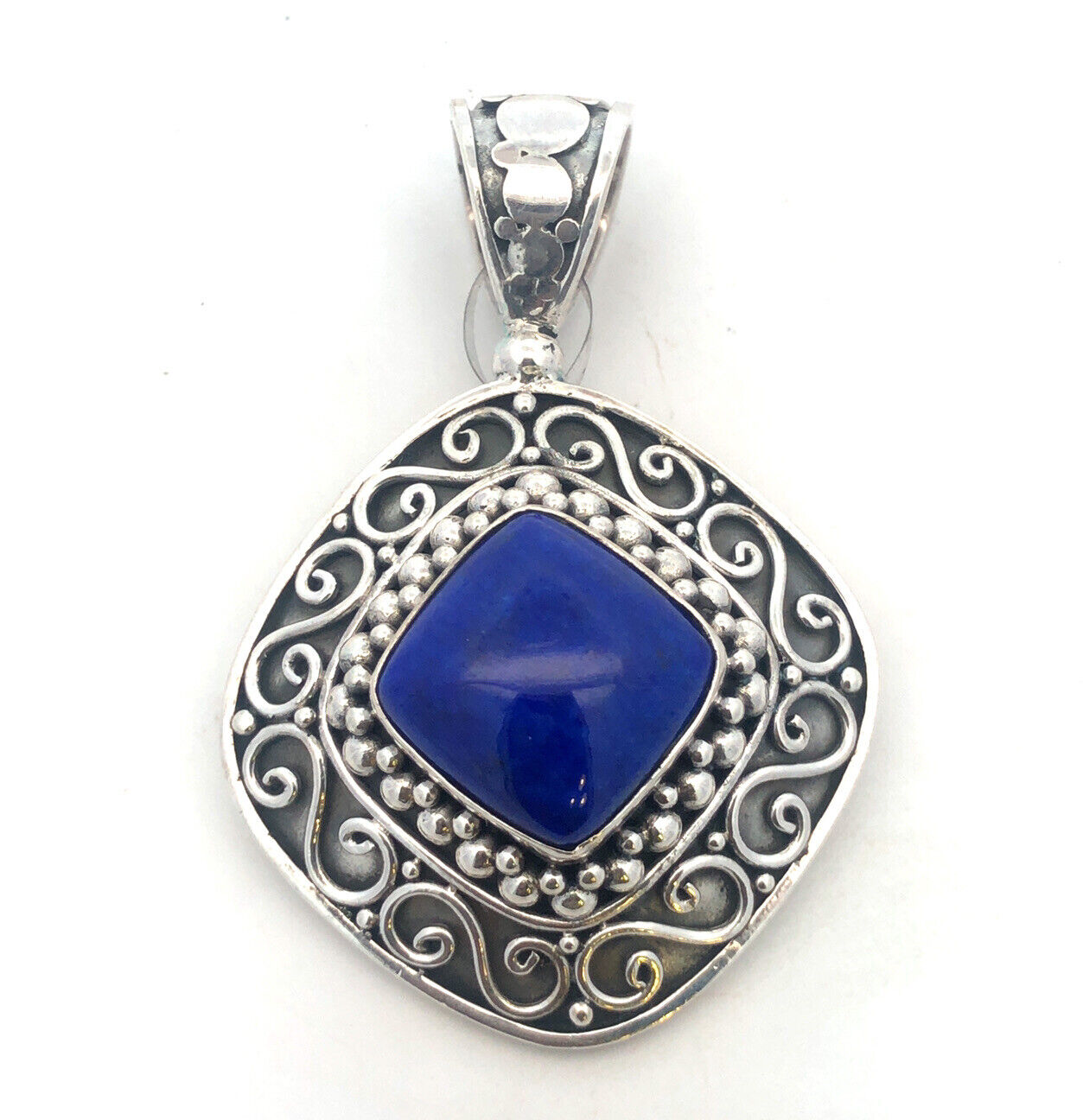 Designer BA 925 Sterling Silver Square Lapis Lazuli Scroll Statement Pendant