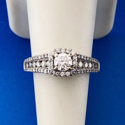 14K White Gold Round Solitaire Diamond Halo Band Accented Bridal Two Ring Set