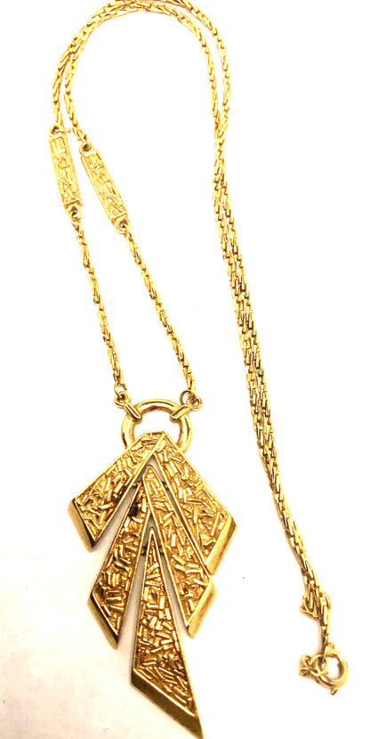 Designer Trifari Gold Tone Textured Y-Drop Modernist Textured Statement Necklace