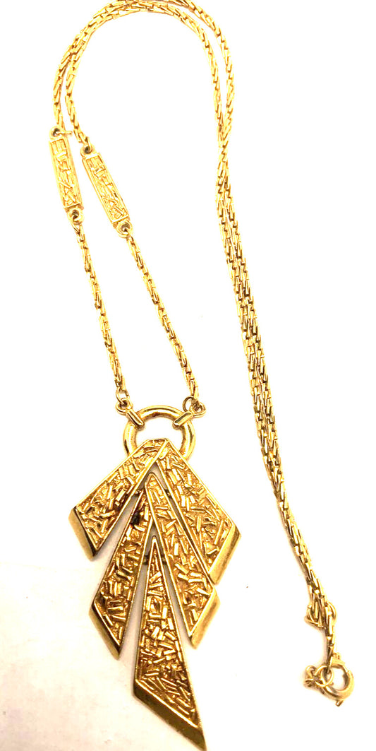 Designer Trifari Gold Tone Textured Y-Drop Modernist Textured Statement Necklace