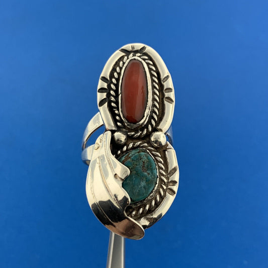 Vintage Native American 925 Sterling Silver Turquoise Coral Squash Blossom Ring