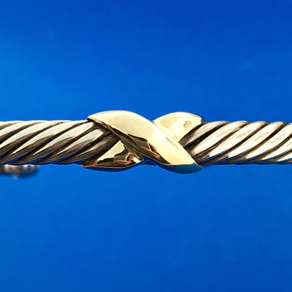 David Yurman 925 Sterling Silver 14K Gold Station Single X Cable Cuff Bracelet