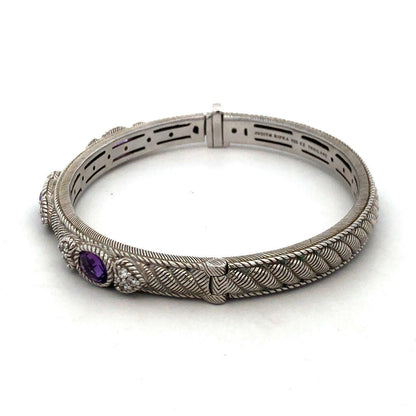 Judith Ripka 925 Sterling Silver Amethyst CZ Romance Hinged Bangle Bracelet