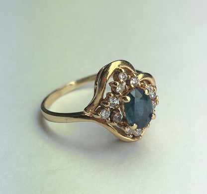 Designer 14K Yellow Gold Diamond Sapphire September Anniversary Cocktail Ring