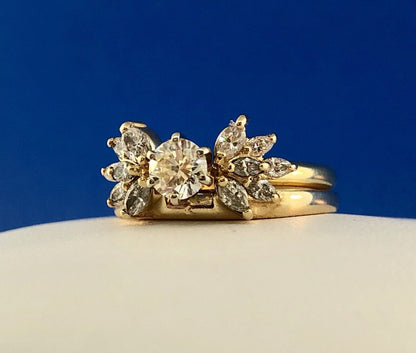 14K Yellow Gold Diamond Solitaire Floral Accent Guard Engagement Bridal Ring Set