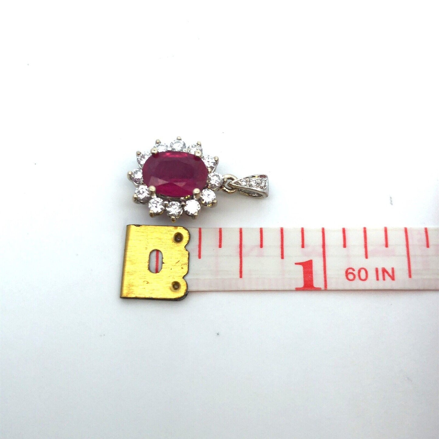 Estate 14K White Gold Oval Ruby Diamond Halo Pendant