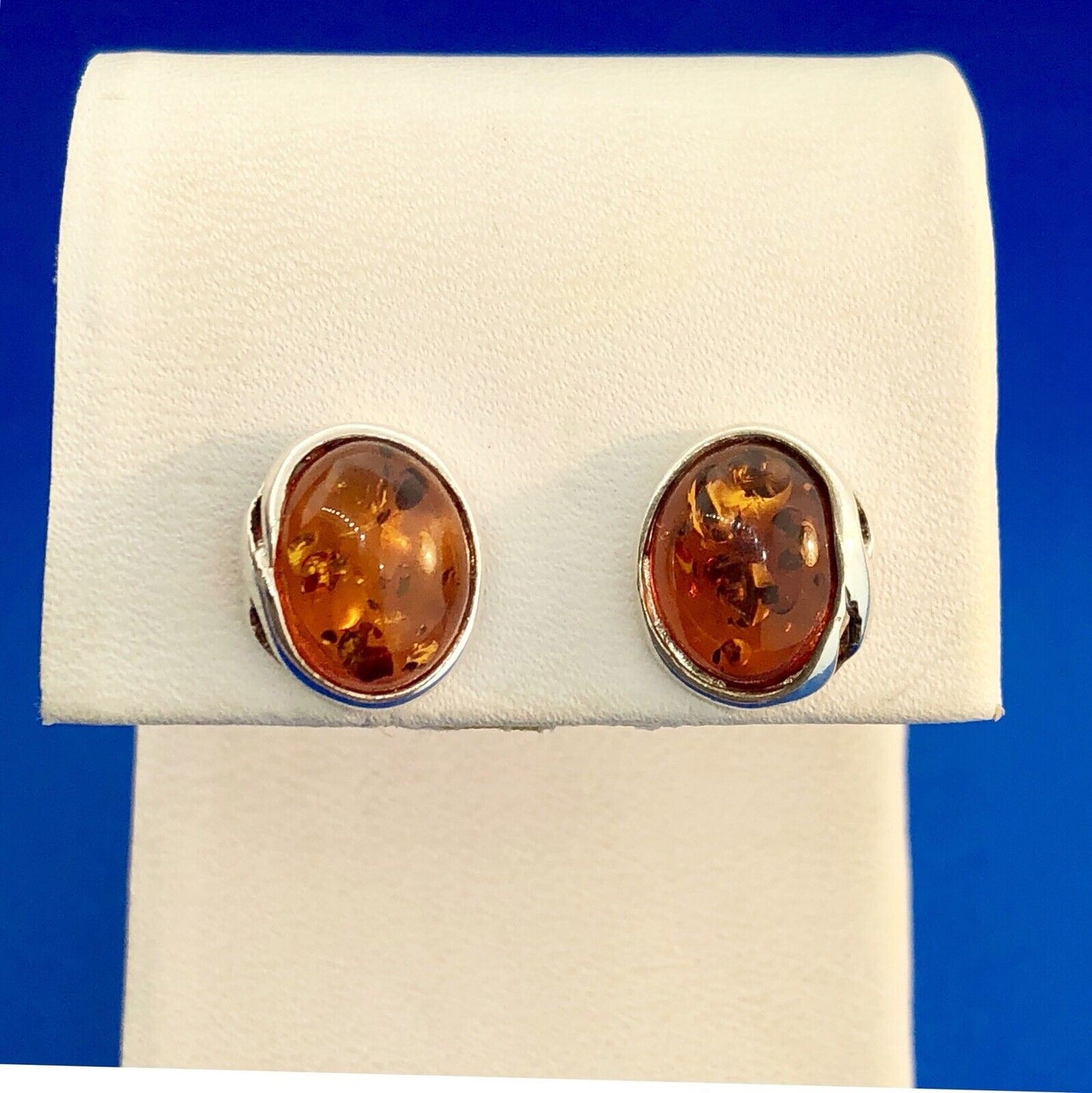 Retro 925 Sterling Silver Oval Baltic Amber Stud Earrings
