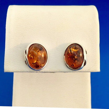 Retro 925 Sterling Silver Oval Baltic Amber Stud Earrings
