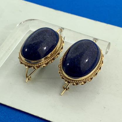 Vintage 14K Yellow Gold Lapis-Lazuli Oval Cabochon Statement Drop Stud Earrings