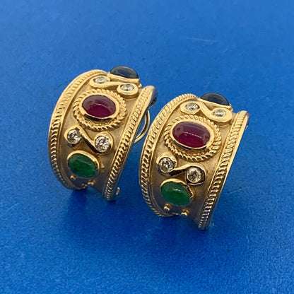 14K Yellow Gold Ruby Sapphire Emerald Diamond Statement Omega Back Earrings