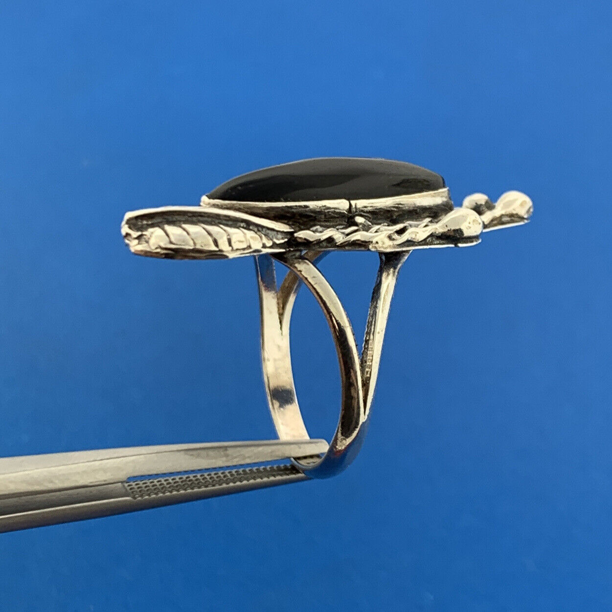 Native American Old Pawn 925 Sterling Silver Black Onyx Squash Blossom Ring