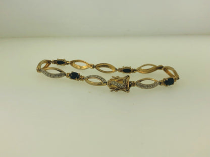 Estate Sterling Silver 925 Vermeil Oval Sapphire Station Tennis Bracelet