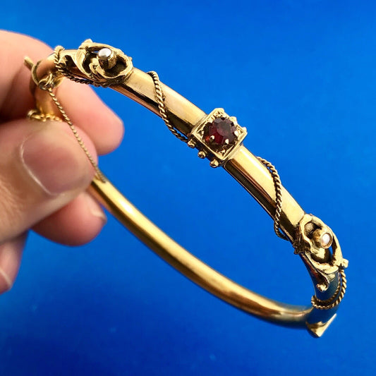 Art Nouveau Art Deco 14K Yellow Gold Garnet Seed Pearl Etruscan Bangle Bracelet