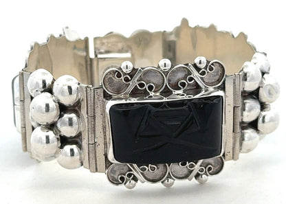 CBR Taxco Mexico 925 Sterling Silver Carved Black Onyx Statement Panel Bracelet