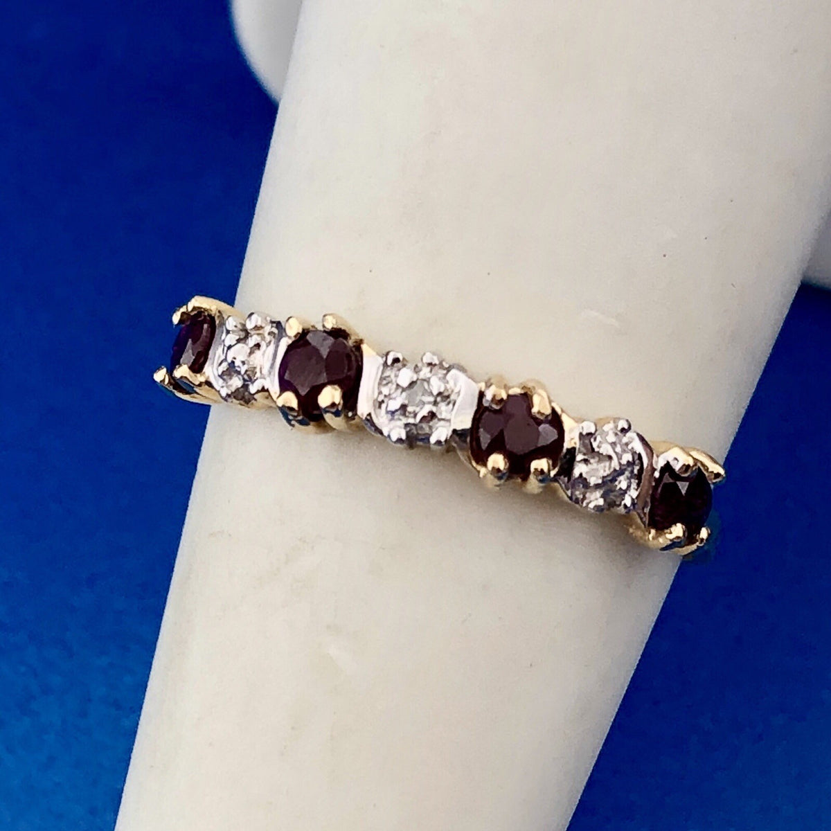 Retro 10K Yellow White Gold Ruby Diamond Stackable Anniversary Band Ring