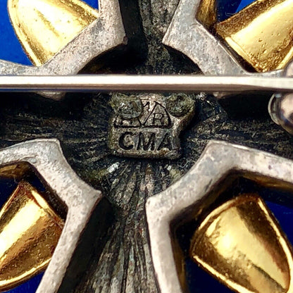 HMR CMA Gold Silver Tone Black Hematite Floral Scroll Maltese Cross Pin Pendant