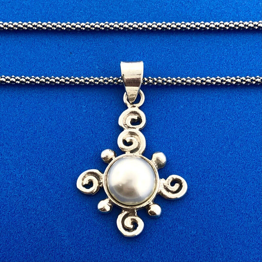 Designer JM Sterling Silver Mabe Pearl Whimsical Swirl Snake Chain 19" Necklace