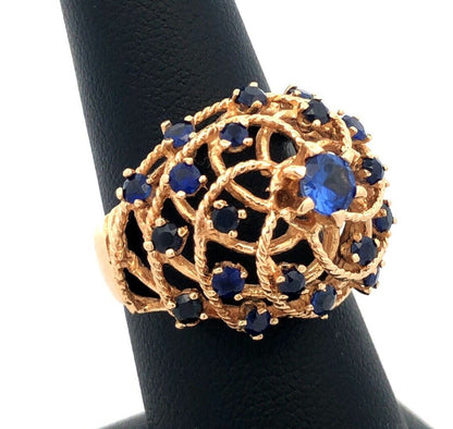 Estate 18K Yellow Gold Blue Sapphire Open Work Harem Cocktail Statement Ring