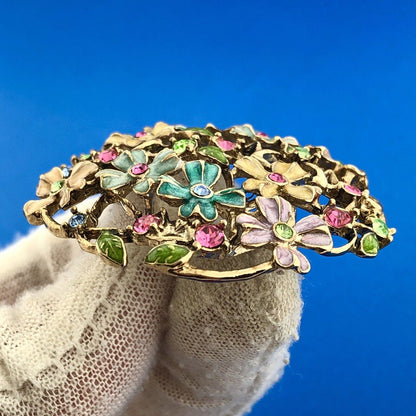 Mid Century Monet Gold Tone Multi Colored Enamel Rhinestone Spring Floral Brooch