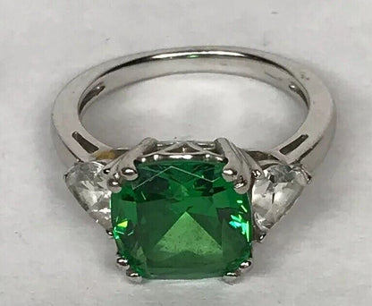 Stunning Designer Sterling Silver Green White Cubic Zirconia CZ Cocktail Ring
