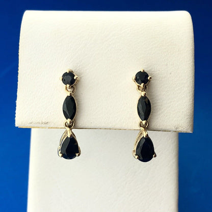 Estate 14K Yellow Gold Blue Sapphire November Anniversary Drop Dangle Earrings