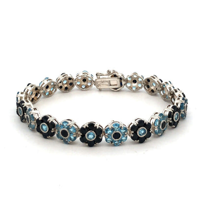 Designer 925 Sterling Silver Round Blue Topaz Sapphire Floral Tennis Bracelet