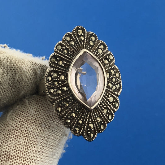 Art Deco Nouveau Sterling Silver 925 Amethyst Marcasite Statement Cocktail Ring