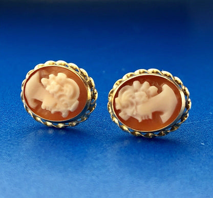 Classic Victorian 14K Yellow Gold Carved Cameo Statement Stud Earrings