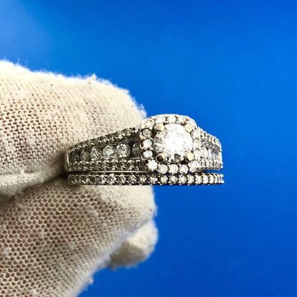 14K White Gold Round Solitaire Diamond Halo Band Accented Bridal Two Ring Set