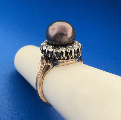 Retro 14k Yellow Gold Bronze Pearl Faceted Champagne Diamond Halo Cocktail Ring