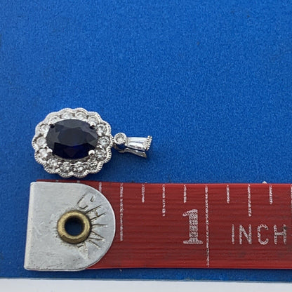 18K White Gold Sapphire Diamond Halo September Anniversary Pendant
