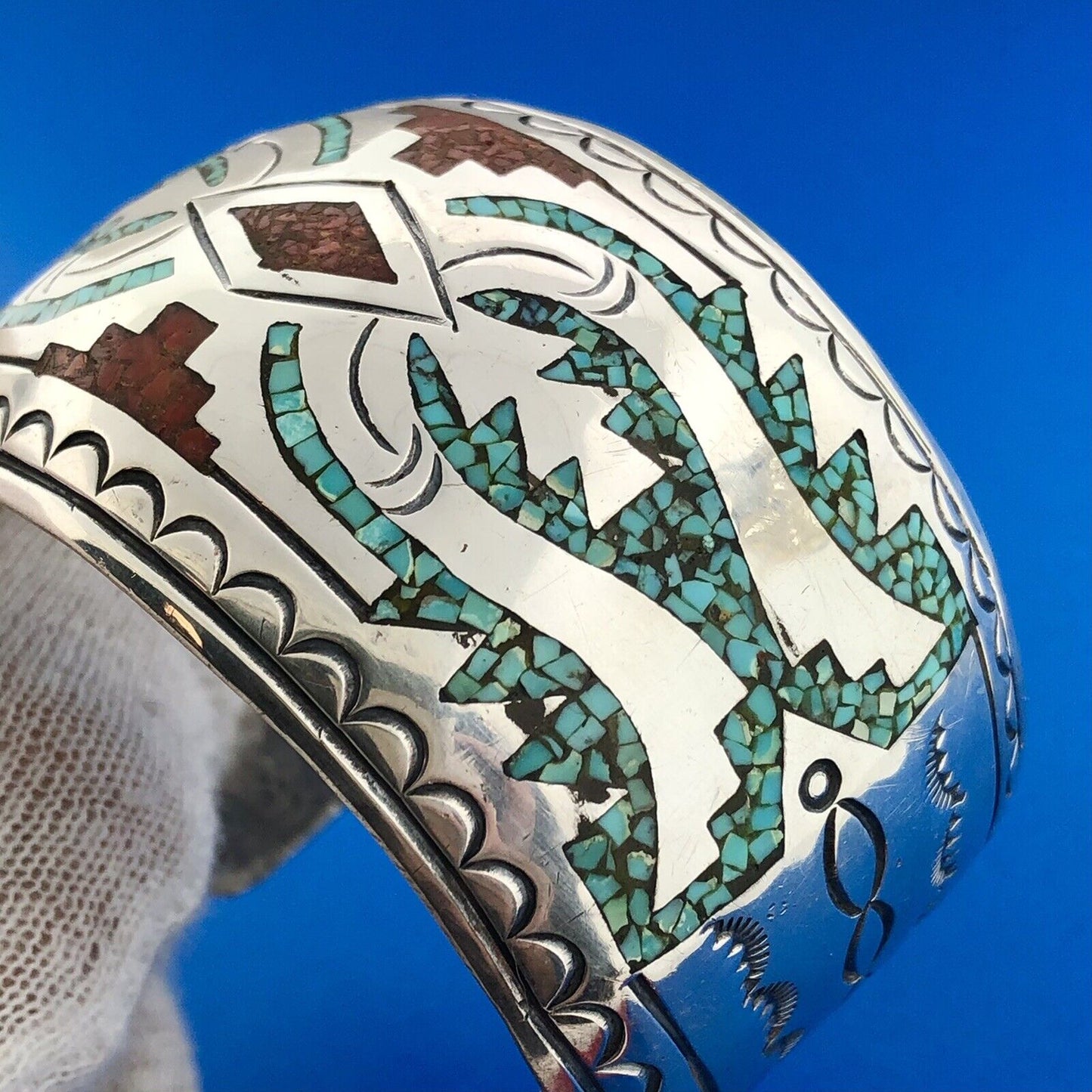 Native American Sterling Silver Turquoise Coral Inlay Storyteller Cuff Bracelet