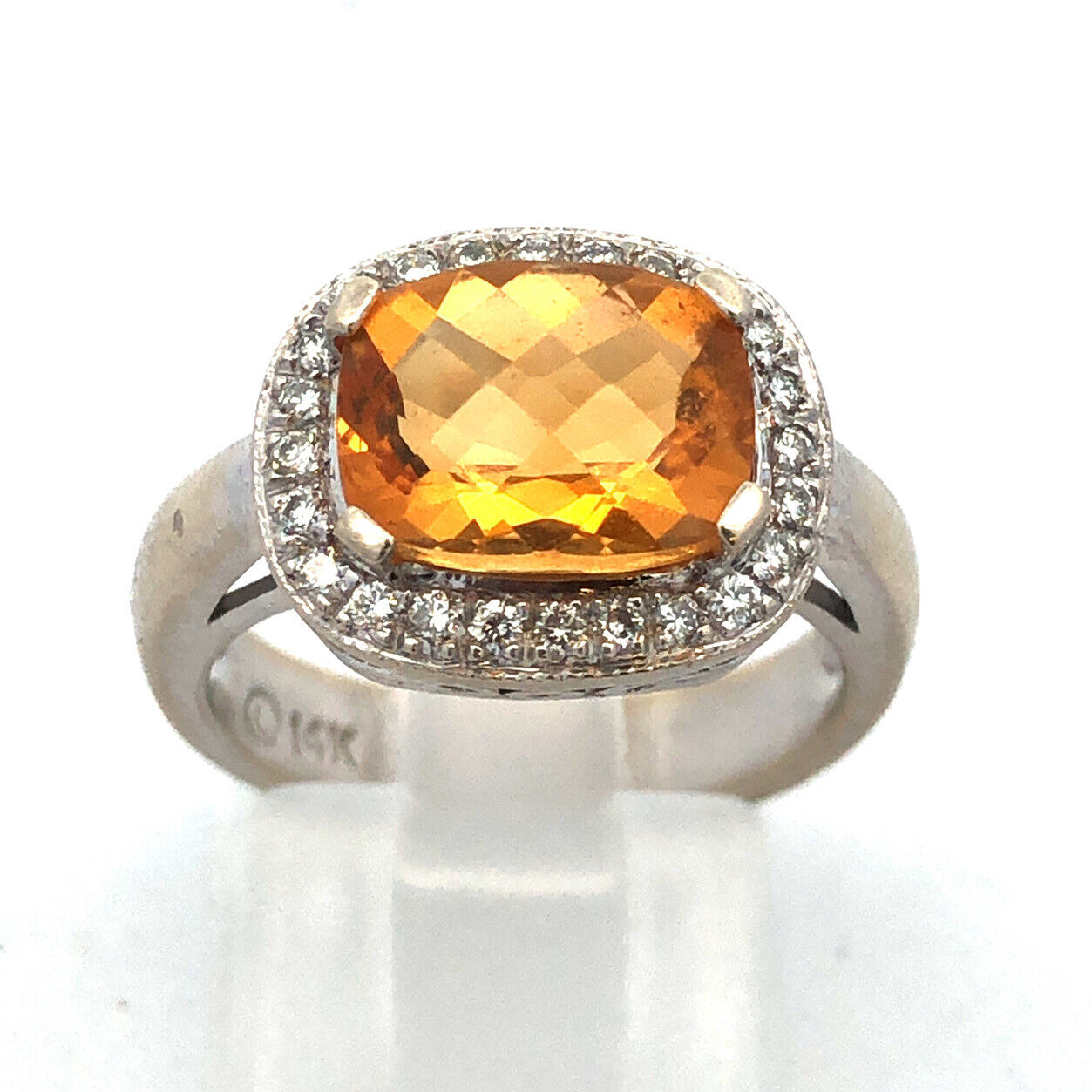 Stunning Designer 14K White Gold Citrine Diamond Cushion Cut Halo Ring Size 6.5