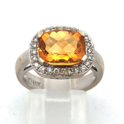 Stunning Designer 14K White Gold Citrine Diamond Cushion Cut Halo Ring Size 6.5